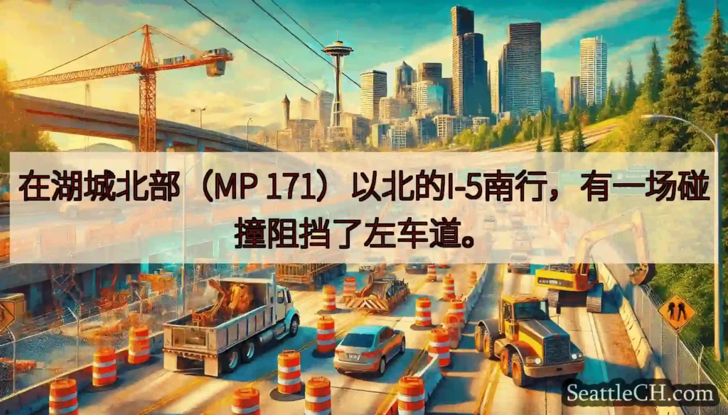 在湖城北部（MP 171）以北的I-5南行，有一场碰撞阻挡了左车道。