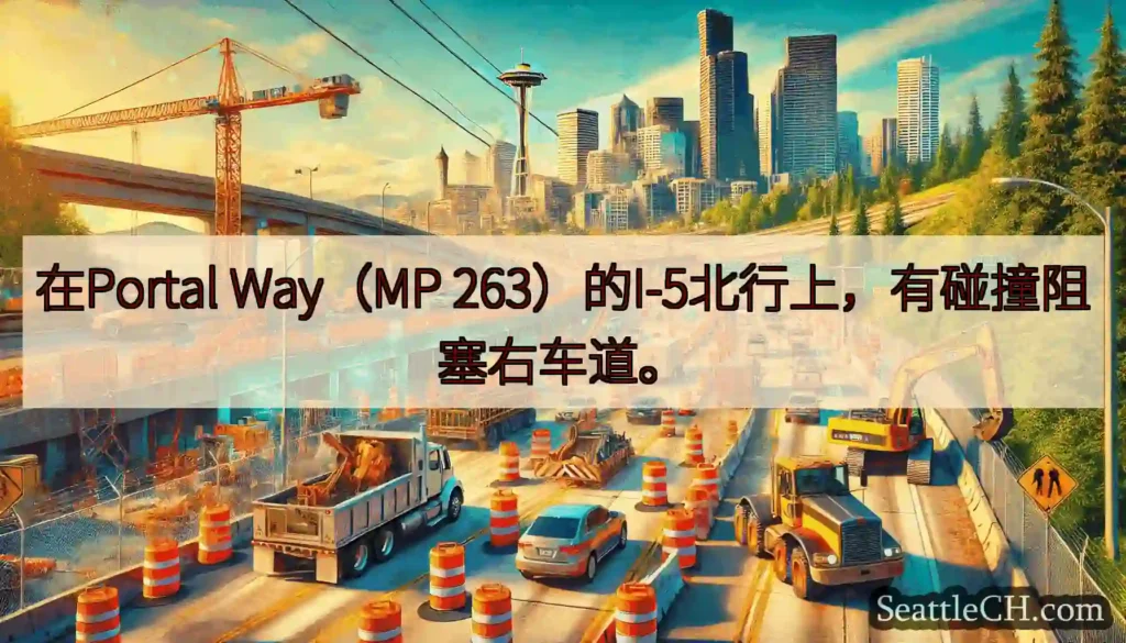 在Portal Way（MP 263）的I-5北行上，有碰撞阻塞右车道。