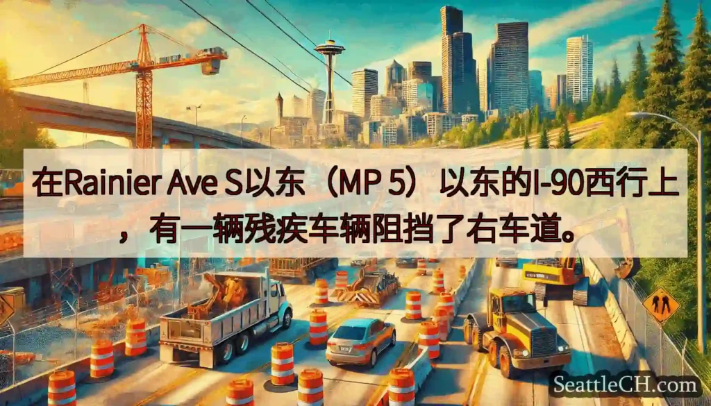 在Rainier Ave S以东（MP 5）以东的I-90西行上，有一辆残疾车辆阻挡了右车道。