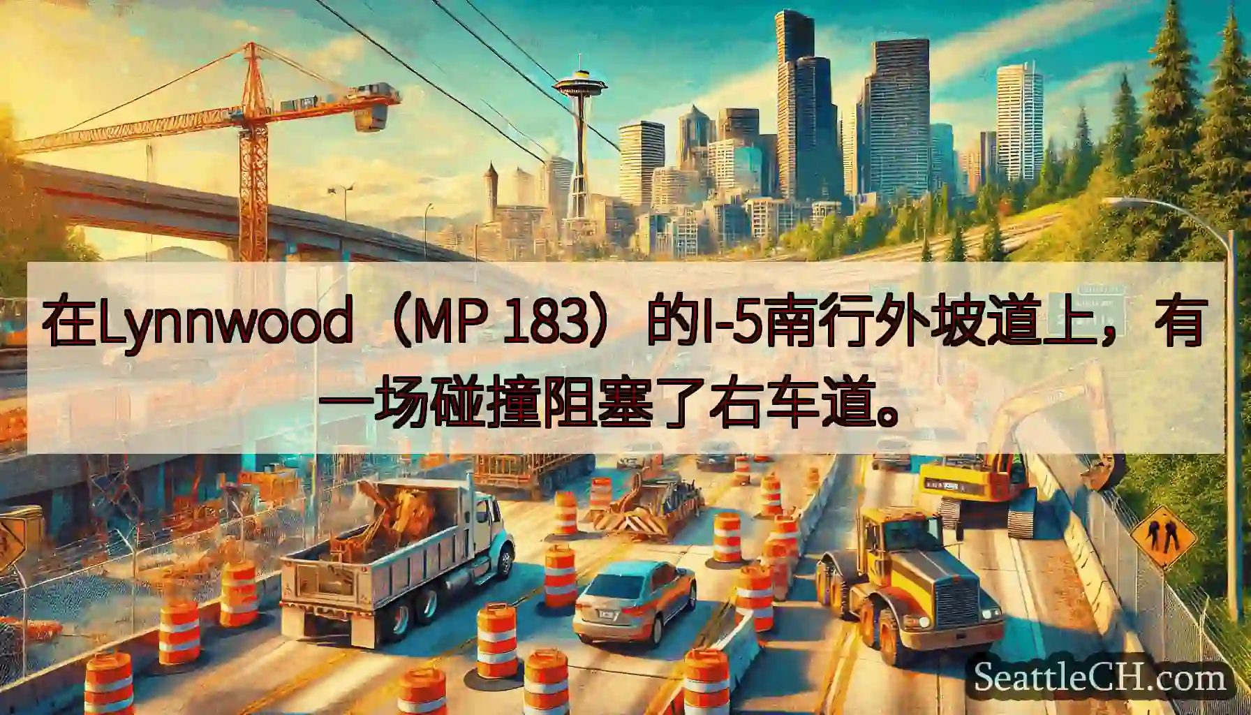在Lynnwood（MP 183）的I-5南行外坡道上，有一场碰撞阻塞了右车道。