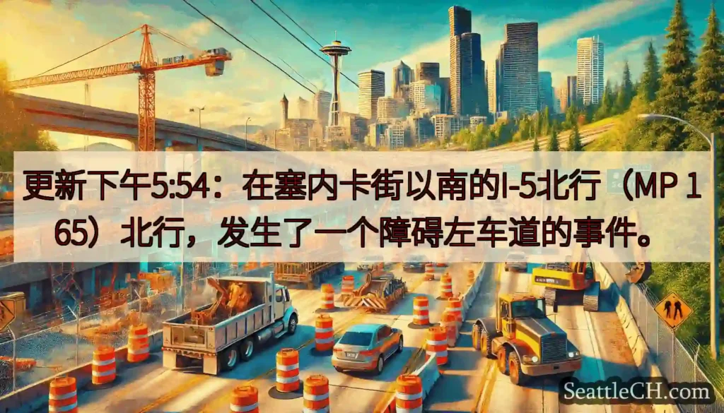 更新下午5:54：在塞内卡街以南的I-5北行（MP 165）北行，发生了一个障碍左车道的事件。