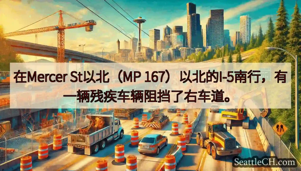 在Mercer St以北（MP 167）以北的I-5南行，有一辆残疾车辆阻挡了右车道。