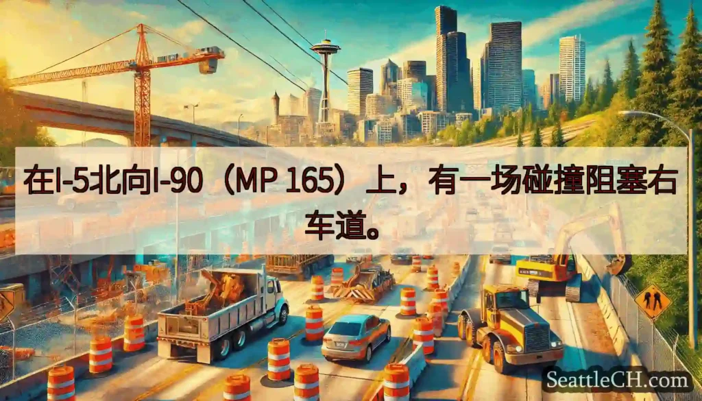 在I-5北向I-90（MP 165）上，有一场碰撞阻塞右车道。
