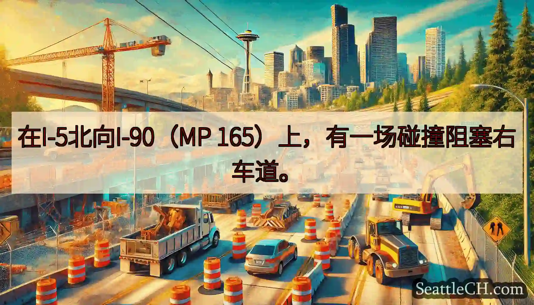 在I-5北向I-90（MP 165）上，有一场碰撞阻塞右车道。