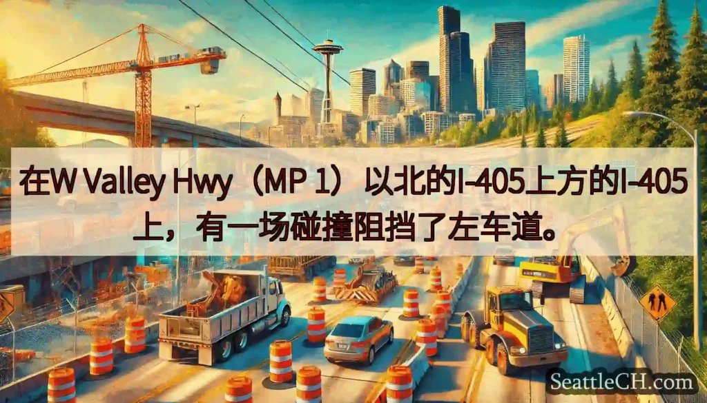 在W Valley Hwy（MP 1）以北的I-405上方的I-405上，有一场碰撞阻挡了左车道。