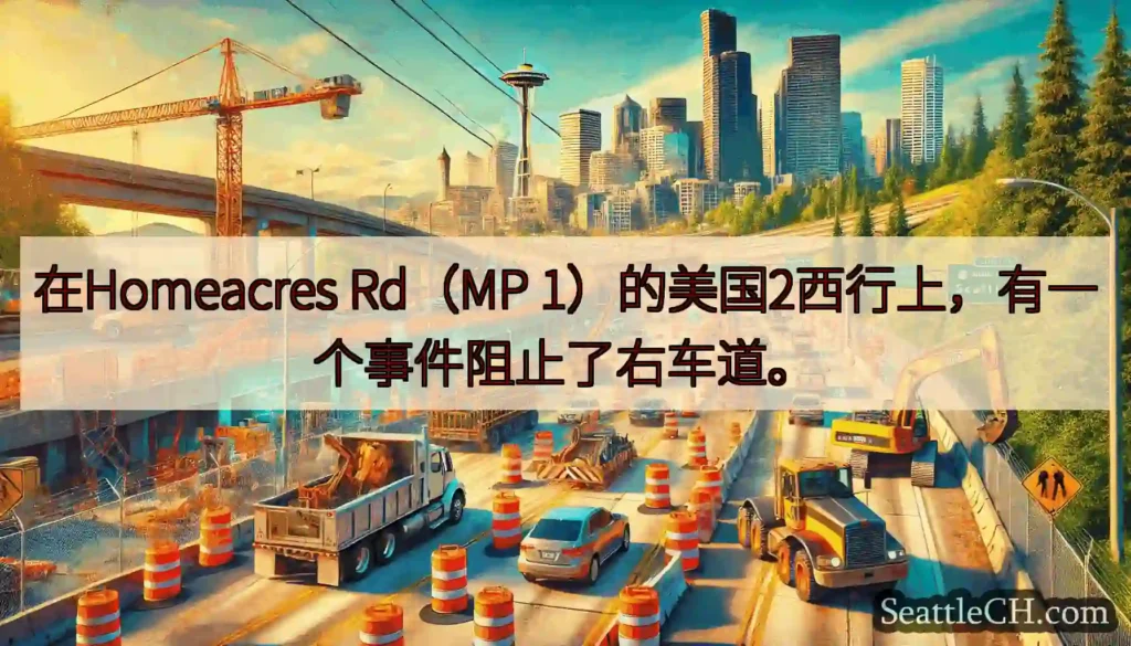 在Homeacres Rd（MP 1）的美国2西行上，有一个事件阻止了右车道。