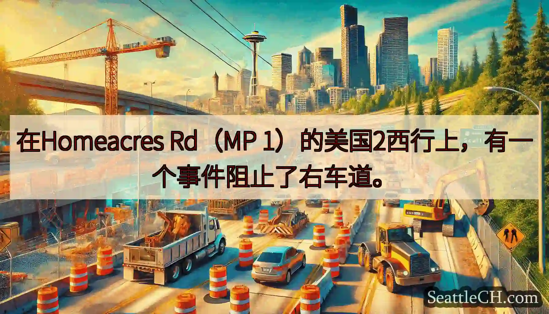 在Homeacres Rd（MP 1）的美国2西行上，有一个事件阻止了右车道。