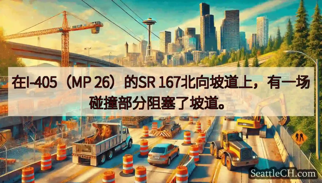 在I-405（MP 26）的SR 167北向坡道上，有一场碰撞部分阻塞了坡道。