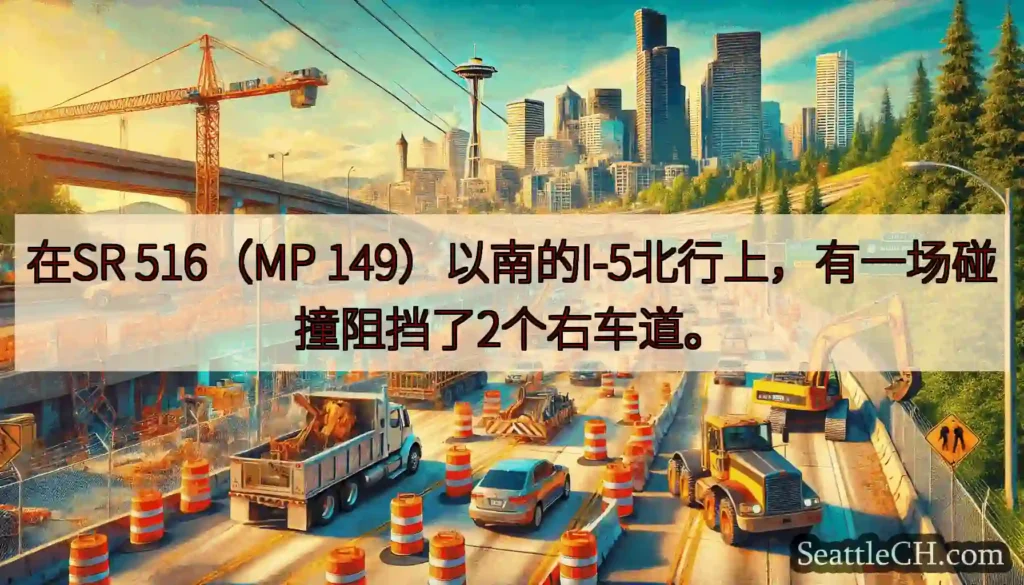 在SR 516（MP 149）以南的I-5北行上，有一场碰撞阻挡了2个右车道。