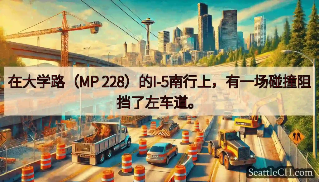 在大学路（MP 228）的I-5南行上，有一场碰撞阻挡了左车道。
