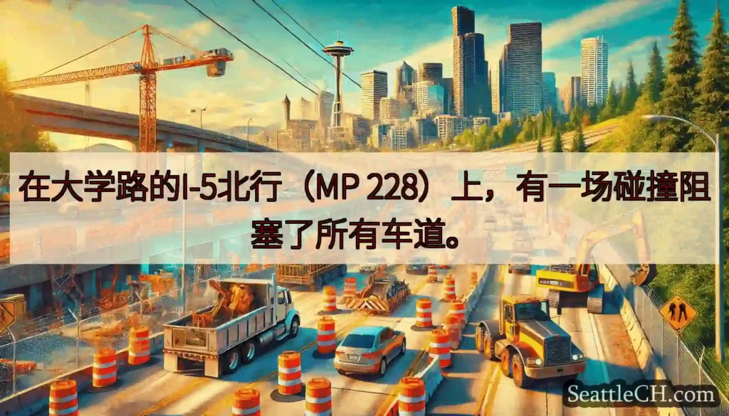 在大学路的I-5北行（MP 228）上，有一场碰撞阻塞了所有车道。
