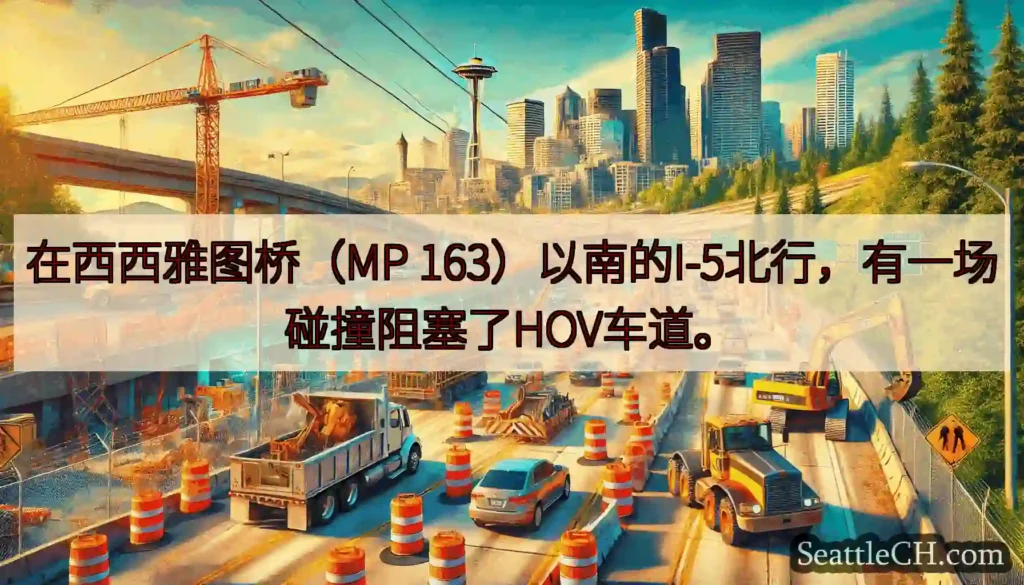 在西西雅图桥（MP 163）以南的I-5北行，有一场碰撞阻塞了HOV车道。