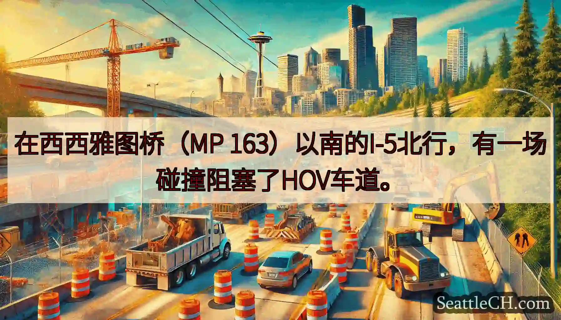 在西西雅图桥（MP 163）以南的I-5北行，有一场碰撞阻塞了HOV车道。