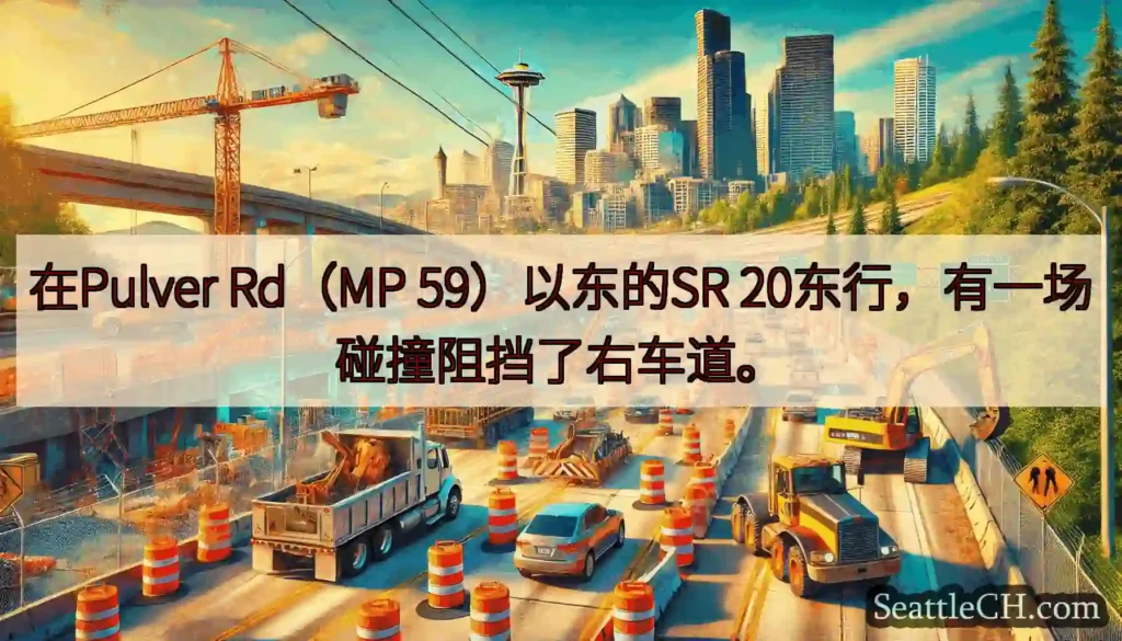 在Pulver Rd（MP 59）以东的SR 20东行，有一场碰撞阻挡了右车道。