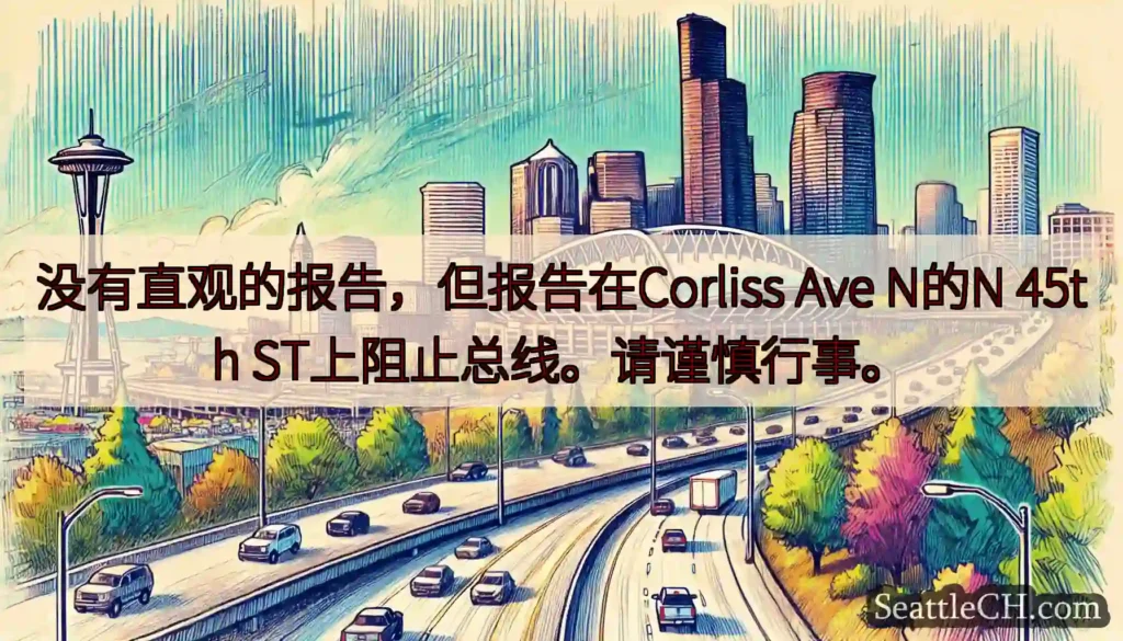 没有直观的报告，但报告在Corliss Ave N的N 45th ST上阻止总线。请谨慎行事。