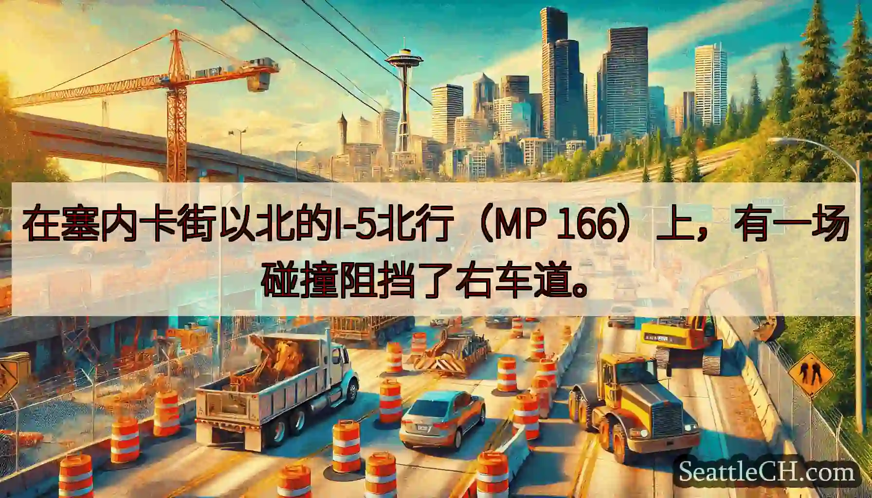 在塞内卡街以北的I-5北行（MP 166）上，有一场碰撞阻挡了右车道。