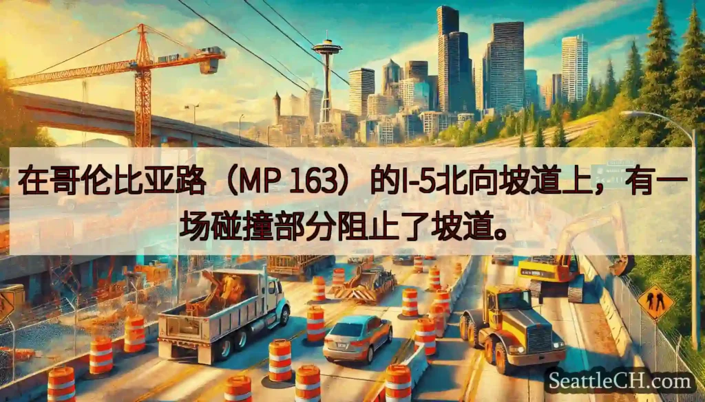 在哥伦比亚路（MP 163）的I-5北向坡道上，有一场碰撞部分阻止了坡道。