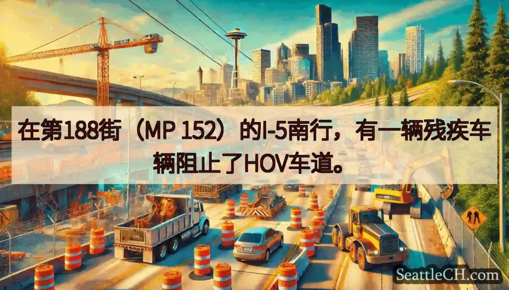 在第188街（MP 152）的I-5南行，有一辆残疾车辆阻止了HOV车道。