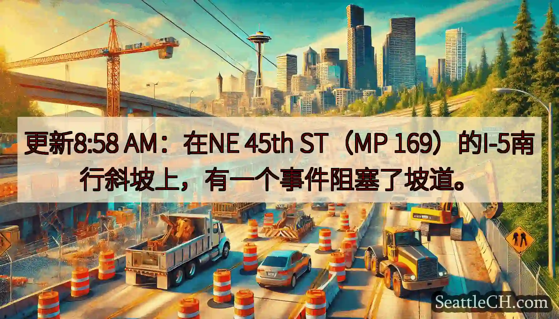 更新8:58 AM：在NE 45th ST（MP 169）的I-5南行斜坡上，有一个事件阻塞了坡道。