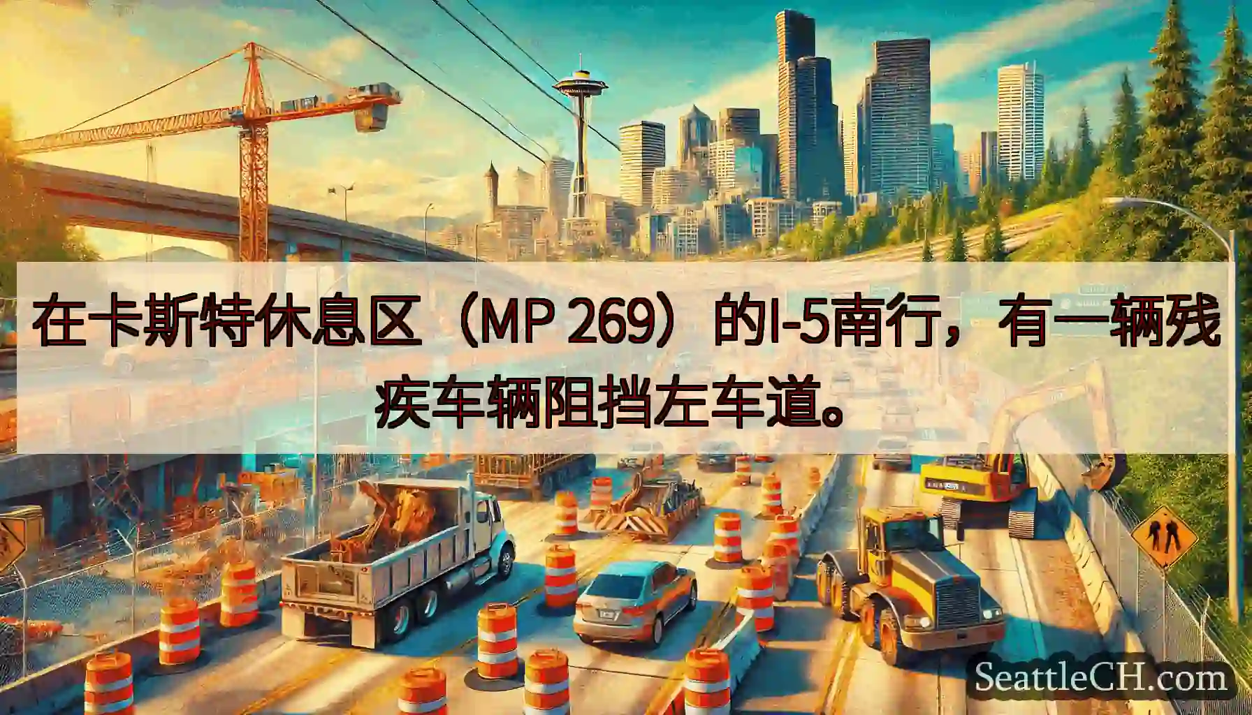 在卡斯特休息区（MP 269）的I-5南行，有一辆残疾车辆阻挡左车道。
