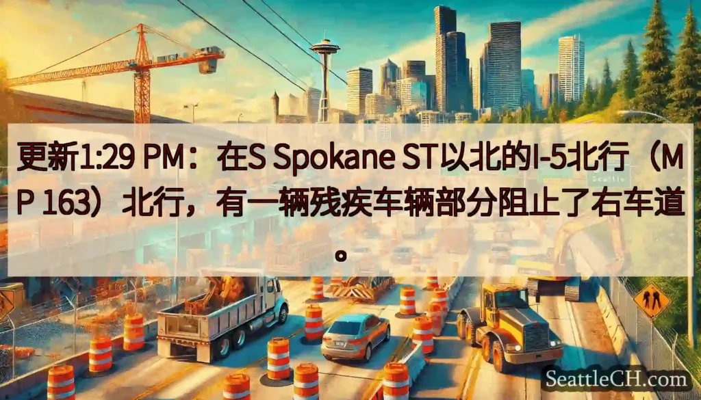 更新1:29 PM：在S Spokane ST以北的I-5北行（MP