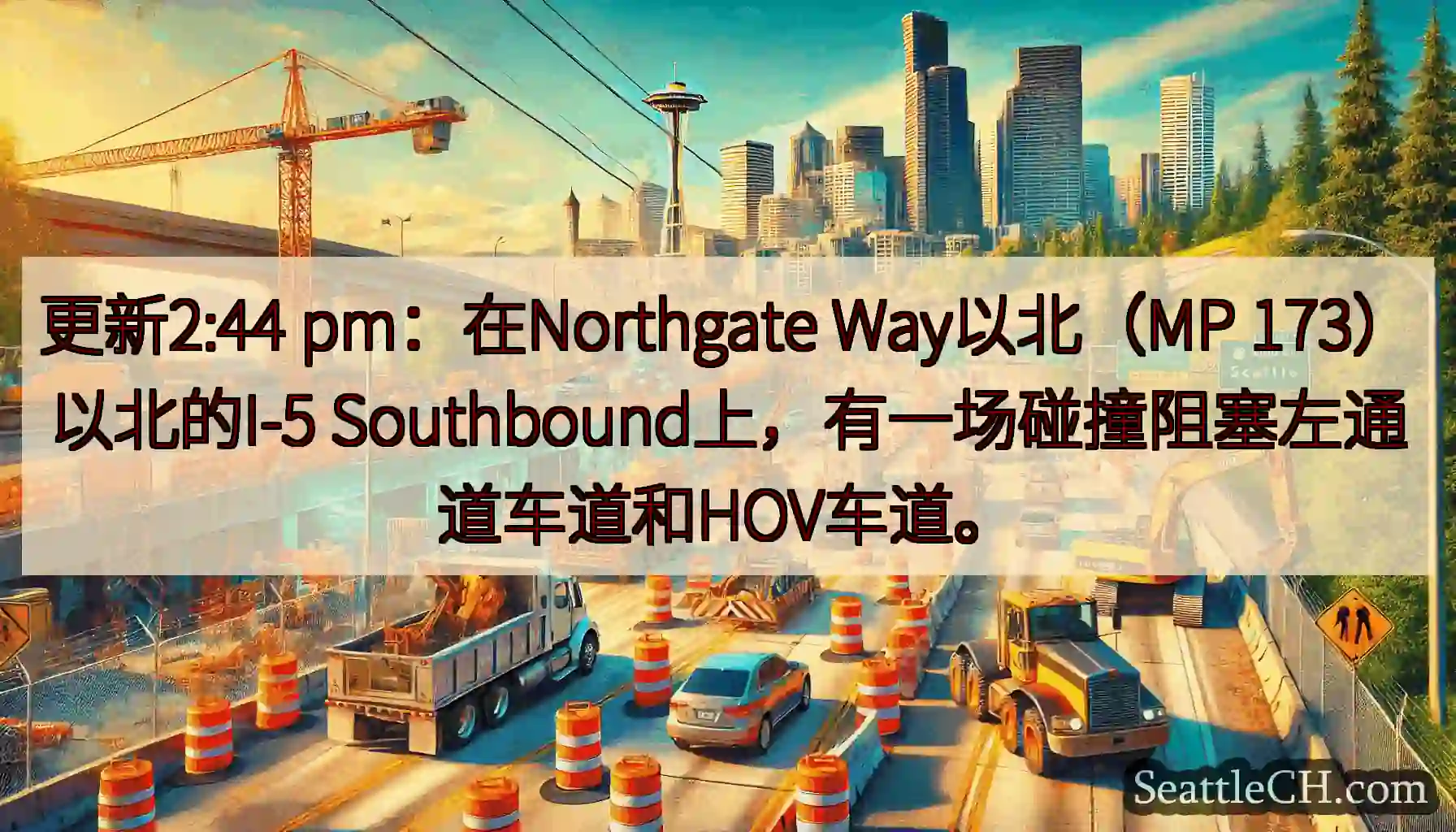更新2:44 pm：在Northgate Way以北（MP 173）以北的I-5