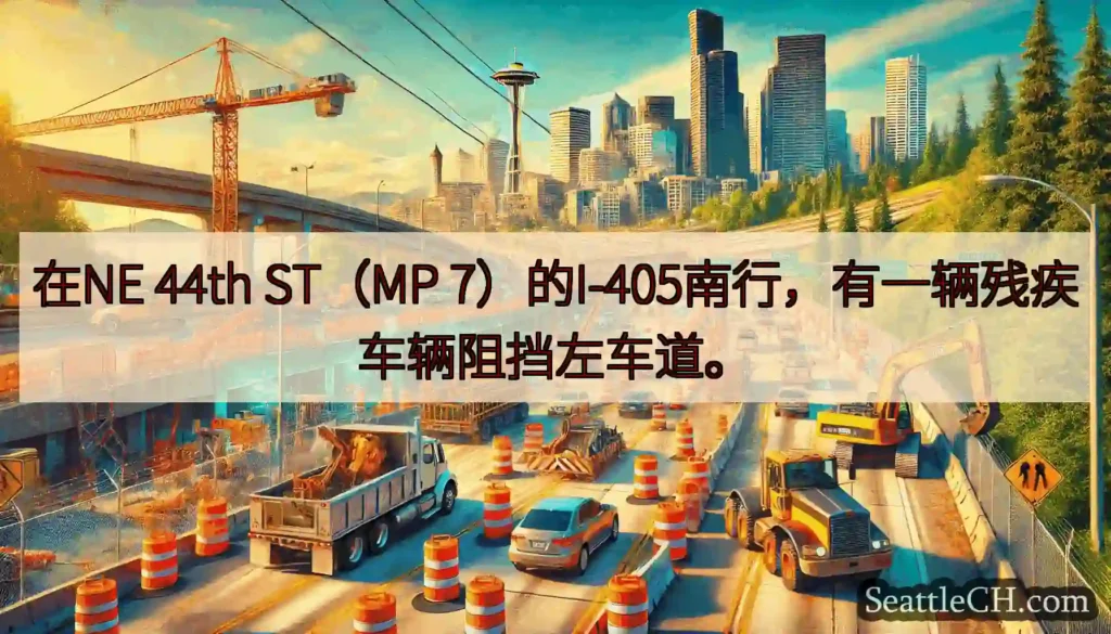 在NE 44th ST（MP 7）的I-405南行，有一辆残疾车辆阻挡左车道。