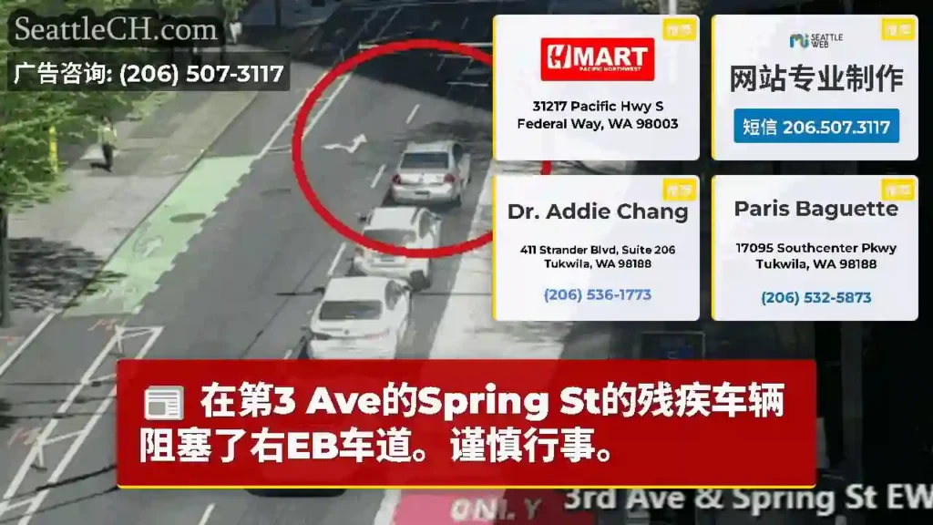 在第3 Ave的Spring St的残疾车辆阻塞了右EB车道。谨慎行事。