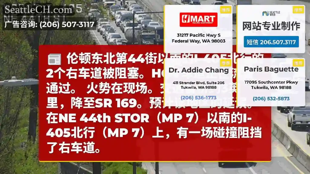 伦顿东北第44街以南的I-405北行的2个右车道被阻塞。HOV车道正在流量通过。