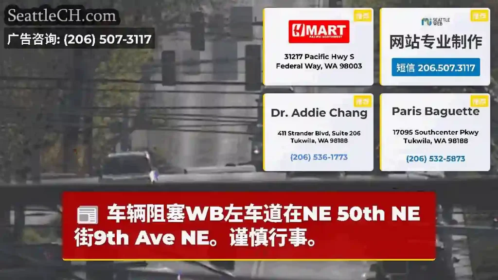 车辆阻塞WB左车道在NE 50th NE街9th Ave NE。谨慎行事。