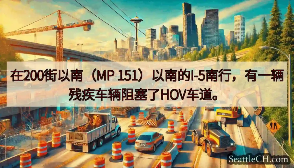 在200街以南（MP 151）以南的I-5南行，有一辆残疾车辆阻塞了HOV车道。