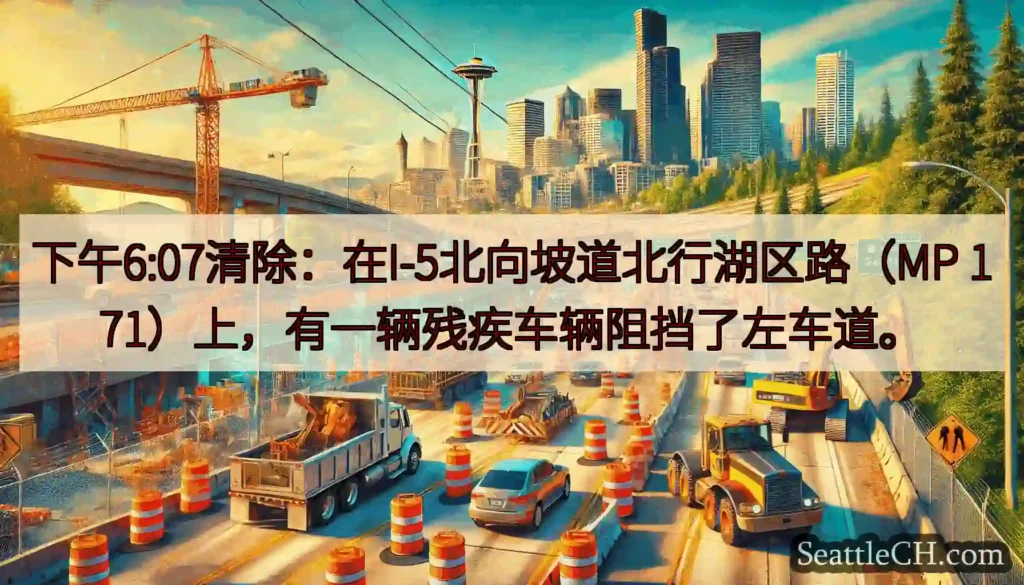 下午6:07清除：在I-5北向坡道北行湖区路（MP 171）上，有一辆残疾车辆阻挡了左车道。