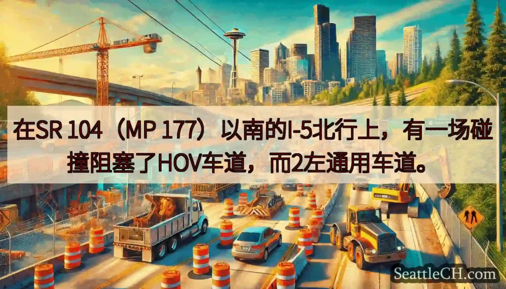 在SR 104（MP 177）以南的I-5北行上，有一场碰撞阻塞了HOV车道，而2左通用车道。