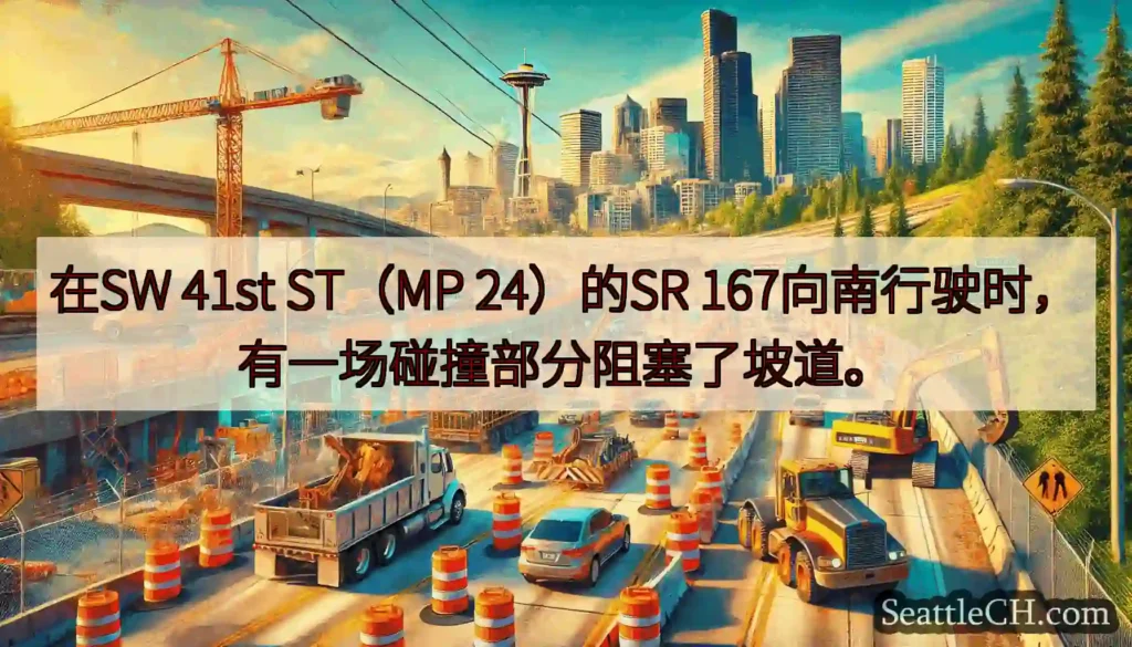 在SW 41st ST（MP 24）的SR 167向南行驶时，有一场碰撞部分阻塞了坡道。
