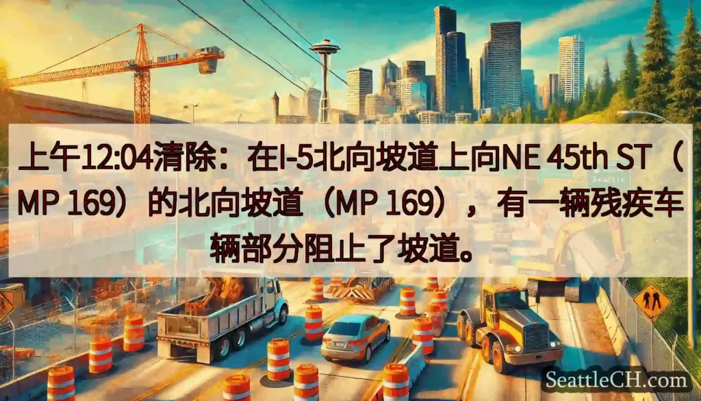 上午12:04清除：在I-5北向坡道上向NE 45th ST（MP 169）的北向坡道（MP