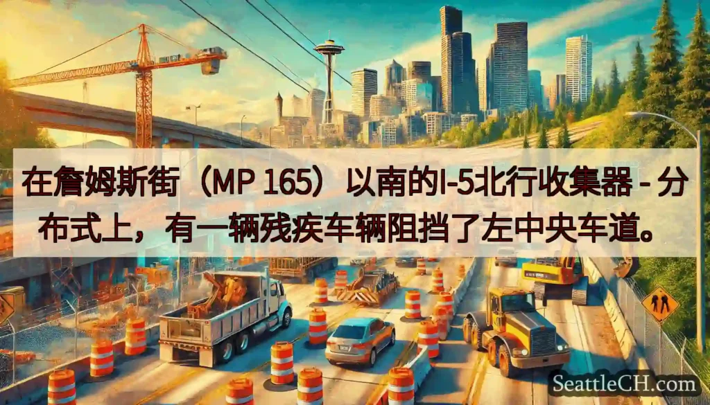 在詹姆斯街（MP 165）以南的I-5北行收集器 - 分布式上，有一辆残疾车辆阻挡了左中央车道。
