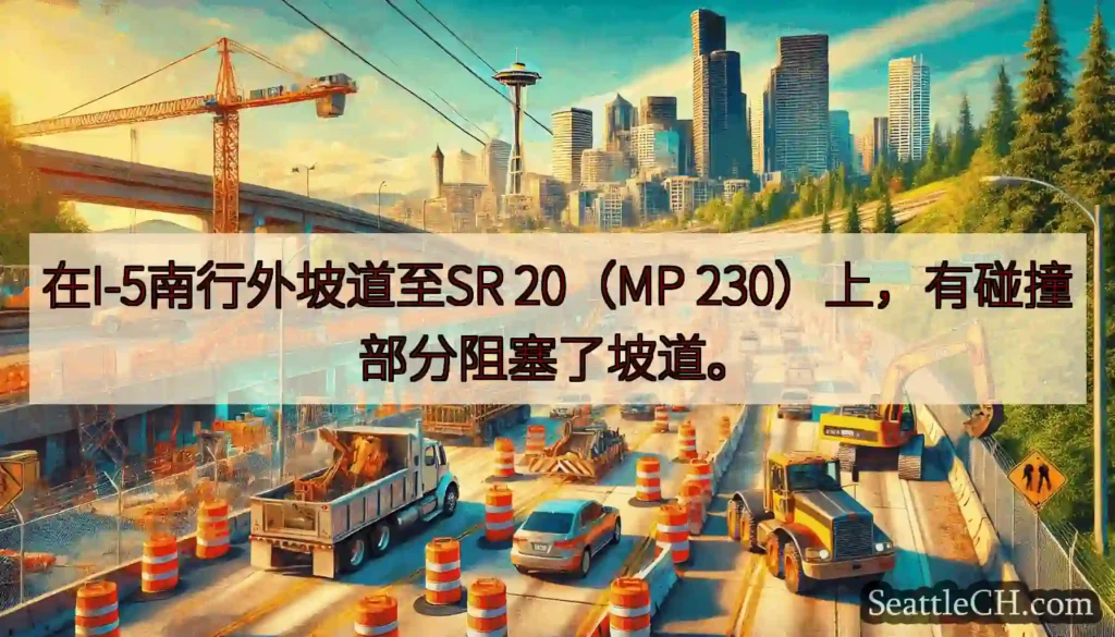在I-5南行外坡道至SR 20（MP 230）上，有碰撞部分阻塞了坡道。