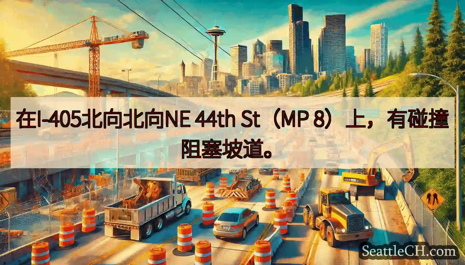 在I-405北向北向NE 44th St（MP 8）上，有碰撞阻塞坡道。