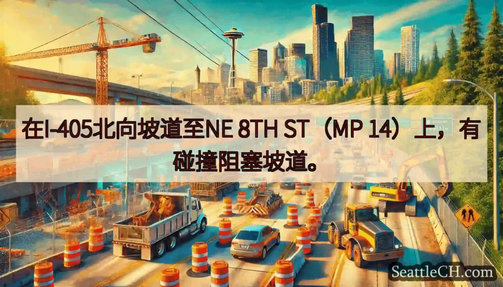 在I-405北向坡道至NE 8TH ST（MP 14）上，有碰撞阻塞坡道。