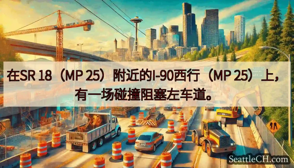 在SR 18（MP 25）附近的I-90西行（MP 25）上，有一场碰撞阻塞左车道。
