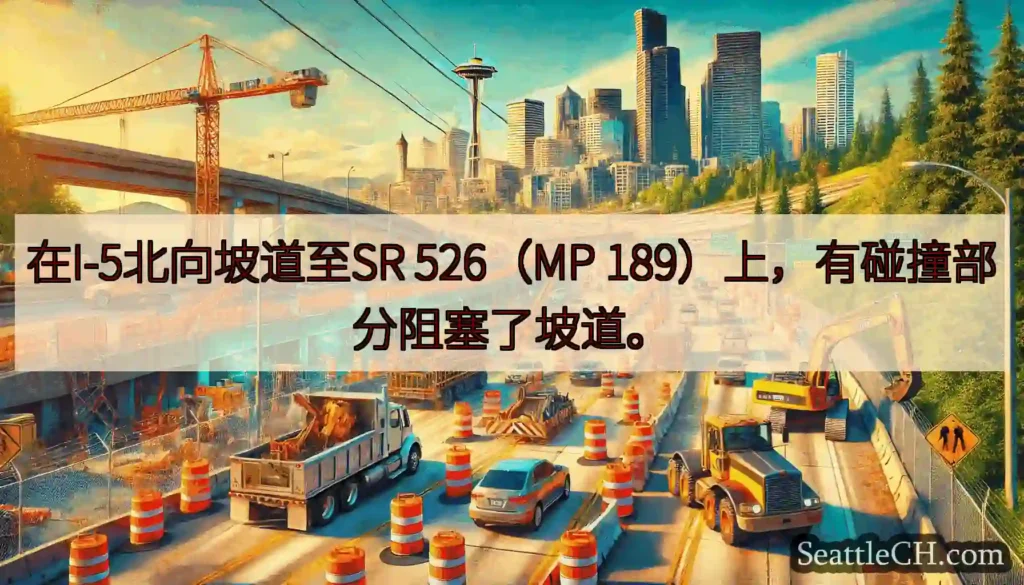 在I-5北向坡道至SR 526（MP 189）上，有碰撞部分阻塞了坡道。
