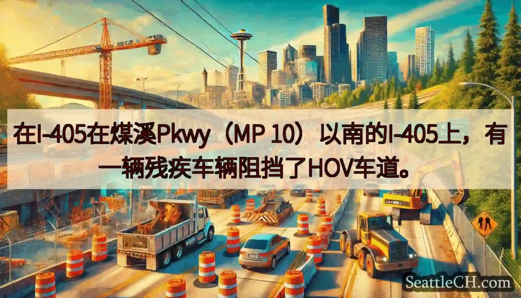 在I-405在煤溪Pkwy（MP 10）以南的I-405上，有一辆残疾车辆阻挡了HOV车道。