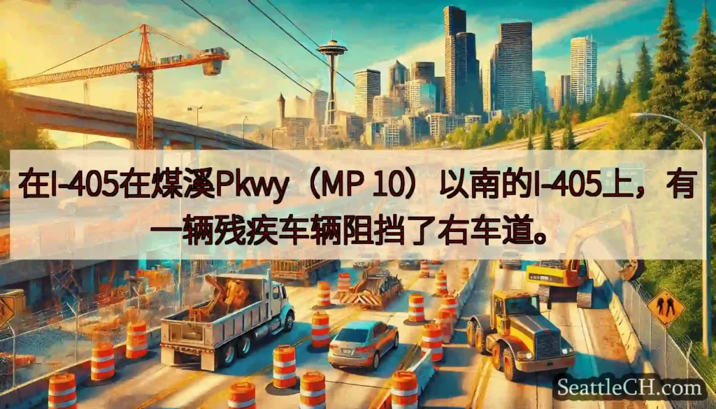在I-405在煤溪Pkwy（MP 10）以南的I-405上，有一辆残疾车辆阻挡了右车道。