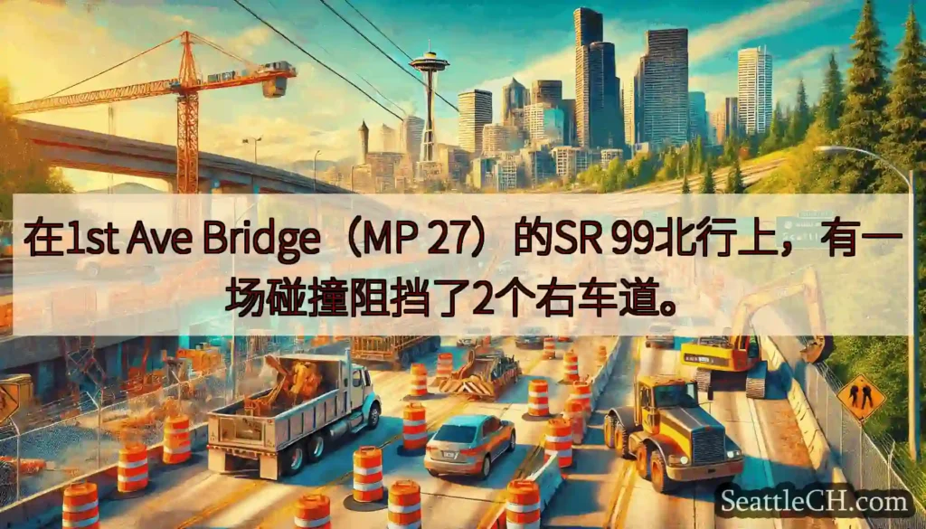 在1st Ave Bridge（MP 27）的SR 99北行上，有一场碰撞阻挡了2个右车道。