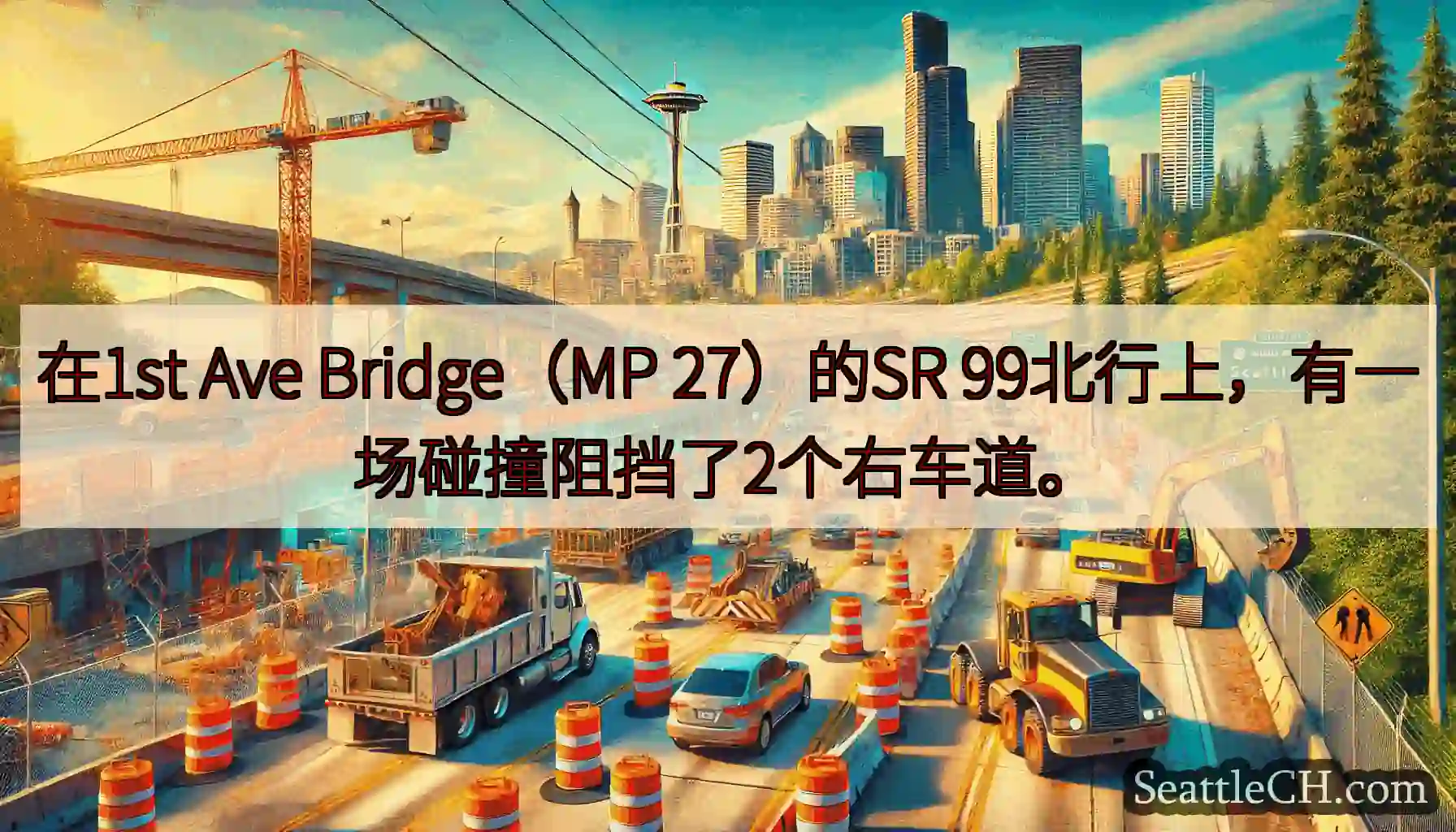 在1st Ave Bridge（MP 27）的SR 99北行上，有一场碰撞阻挡了2个右车道。