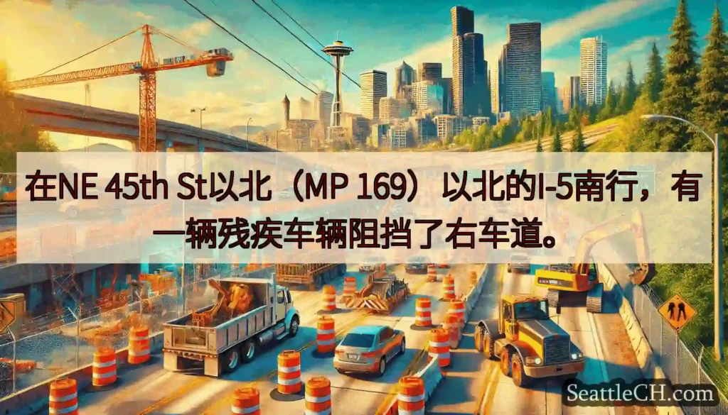 在NE 45th St以北（MP 169）以北的I-5南行，有一辆残疾车辆阻挡了右车道。