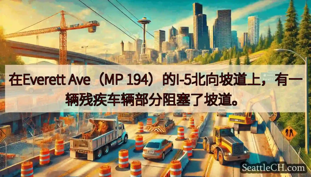 在Everett Ave（MP 194）的I-5北向坡道上，有一辆残疾车辆部分阻塞了坡道。