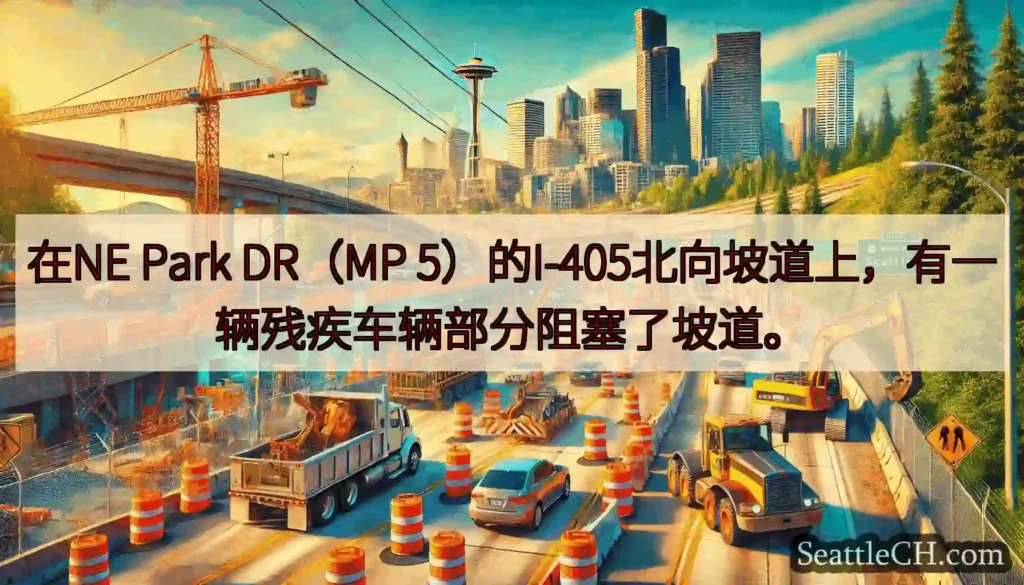 在NE Park DR（MP 5）的I-405北向坡道上，有一辆残疾车辆部分阻塞了坡道。