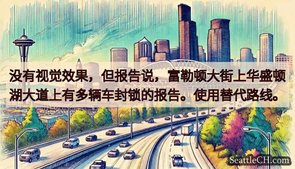 没有视觉效果，但报告说，富勒顿大街上华盛顿湖大道上有多辆车封锁的报告。使用替代路线。