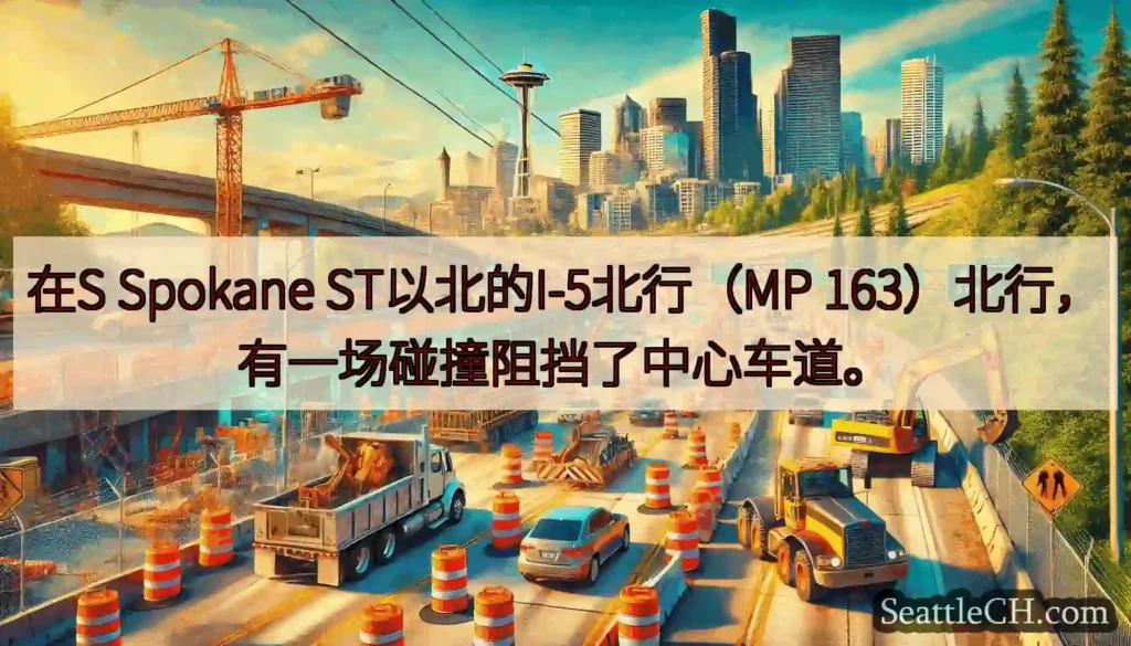 在S Spokane ST以北的I-5北行（MP 163）北行，有一场碰撞阻挡了中心车道。